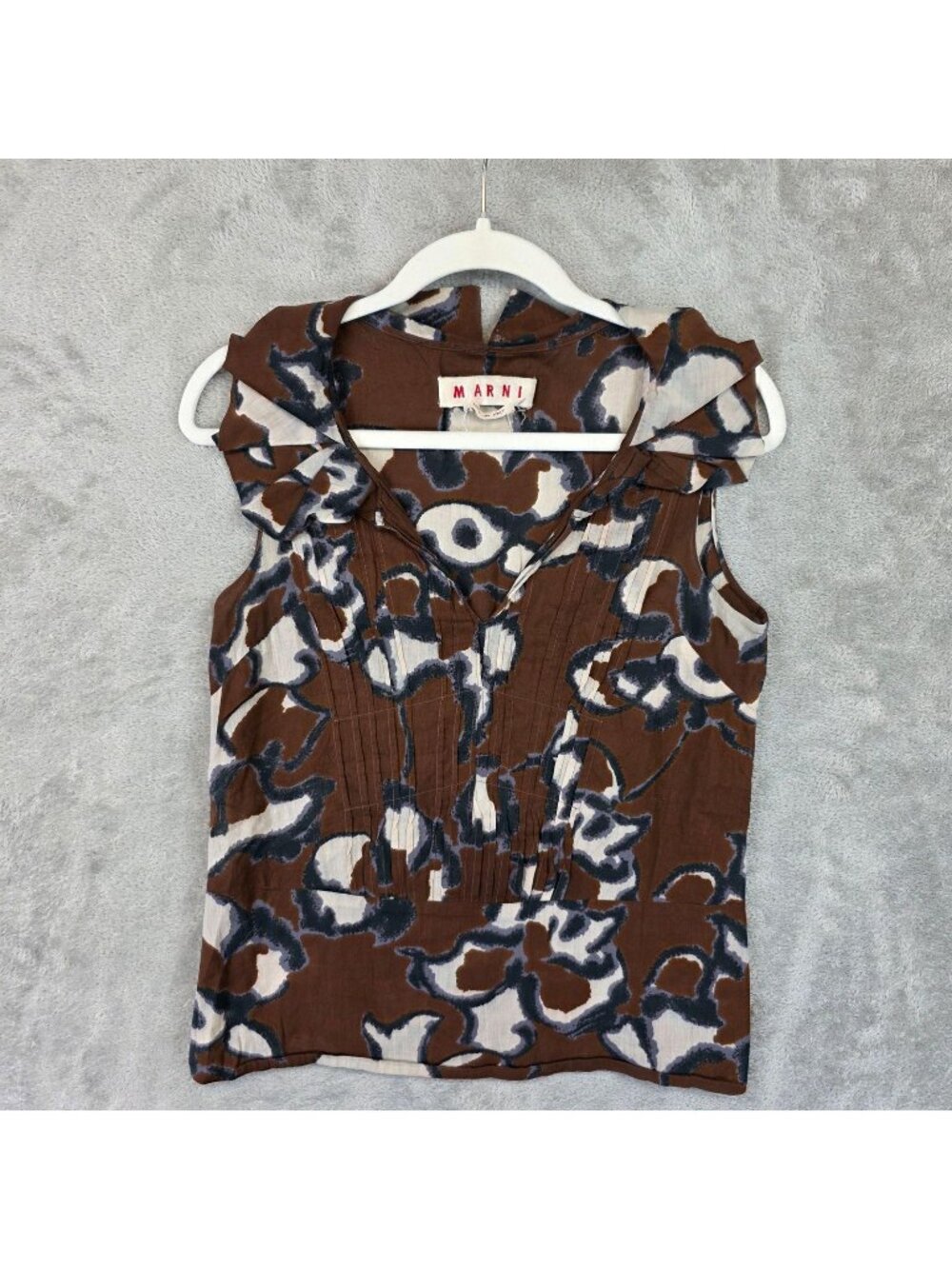 Marni Blouse Womens 36 Brown V Neck Sleeveless Floral Pleated Top Italy